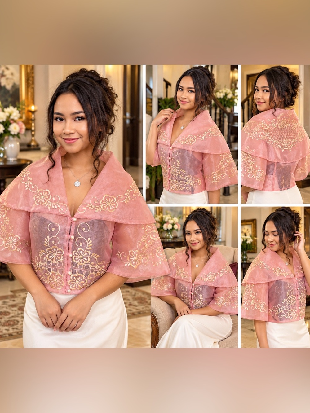 Maria Clara Balona Filipiniana Blouse – Pink Organza with Gold Floral Embroidery